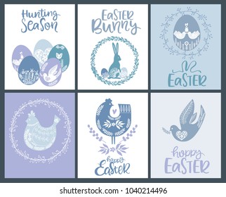 Set of Happy Easter greeting cards, posters in Scandinavian style. Editable vector illustration 
