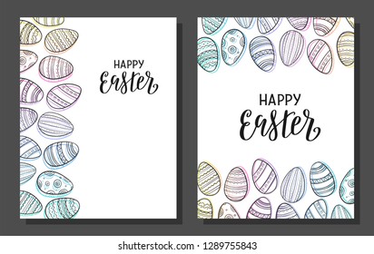 Set of Happy Easter greeting cards. Happy Easter hand drawn lettering logo. Doodle easter eggs. Vector illustration eps 10