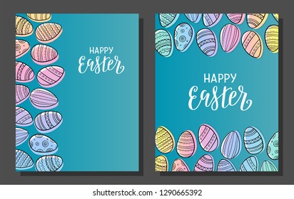 Set of Happy Easter greeting cards. Happy Easter hand drawn lettering logo. Rainbow easter eggs. Vector illustration eps 10