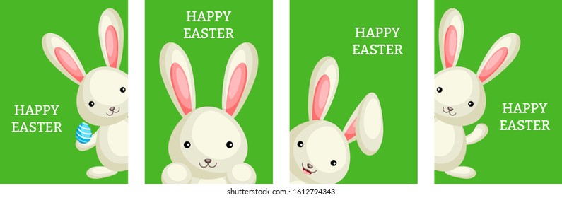 Set of Happy Easter greeting cards with сolorful bunny and egg. Vector illustration for Easter day