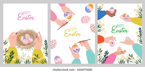 Set of Happy Easter greeting cards. Female hands paint and decorate Easter eggs with paints, Top view. Hand drawn colored trendy vector illustration. Cartoon style. Editable vector illustration