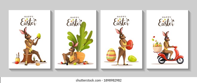 Set of Happy Easter greeting cards with rabbits. Easter bunny, decorated eggs, easter basket delivery. A4 vector illustration for poster, banner, card, postcard.