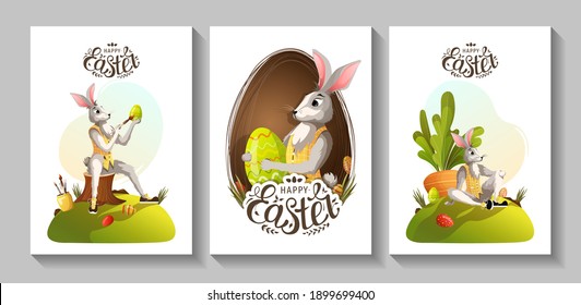 Set von Frohe Ostern Grußkarten mit Kaninchen. Osterhasen-Portrait, Eier schmücken, Karottenbett. A4 Vektorgrafik für Poster, Banner, Karte, Postkarte.