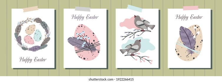 Set of HAPPY EASTER greeting cards. Cute Easter eggs, feather wreath, singing bird, willow and feathers. Eco-friendly decoration. Vector flat cartoon illustration. 