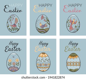 Set of Happy Easter greeting cards with floral ornament. Hand-painted Easter eggs with flowers and birds. Traditional abstract eggs decoration. Flat vector illustration