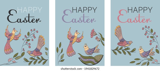Set of Happy Easter greeting cards with singing birds abstract. Hand-painted flowers and birds. Vintage Easter poster design. Flat vector illustration