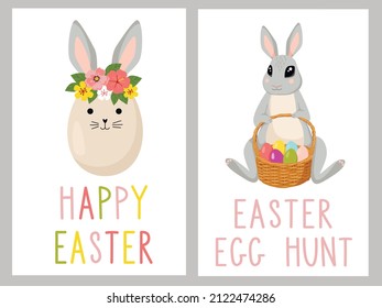Set of Happy Easter greeting cards with cute egg with rabbits' ears and flowers, and a cute rabbit with basket of colored eggs.