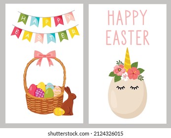 Juego de tarjetas de felicitación de Pascua Feliz con un bonito huevo con cuerno y flores de unicornio, y una cesta linda con huevos de colores.