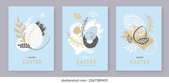 Juego de tarjetas de felicitación Happy Easter con huevos de Pascua y elementos decorativos florales. Estilo plano. Conjunto de cubiertas modernas de Pascua. Ilustración del vector