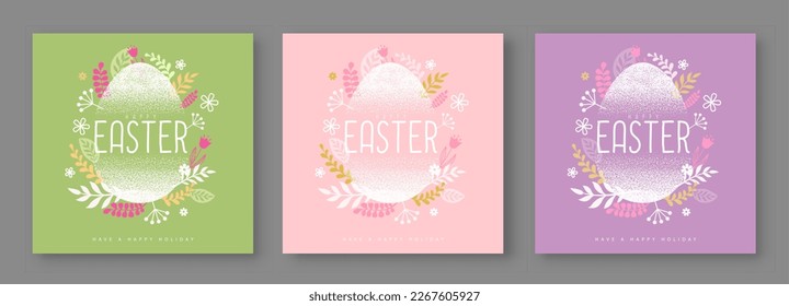 Juego de tarjetas de felicitación Happy Easter con huevos de Pascua y elementos decorativos florales. Estilo plano. Conjunto de cubiertas modernas de Pascua. Ilustración del vector