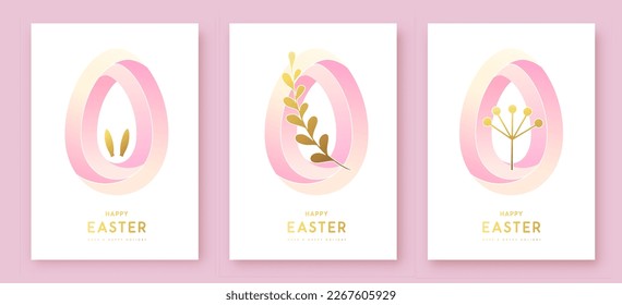 Set of Happy Easter greeting cards with Easter eggs and floral decorative elements. Flat style. Set of Modern Easter covers. Vector illustration