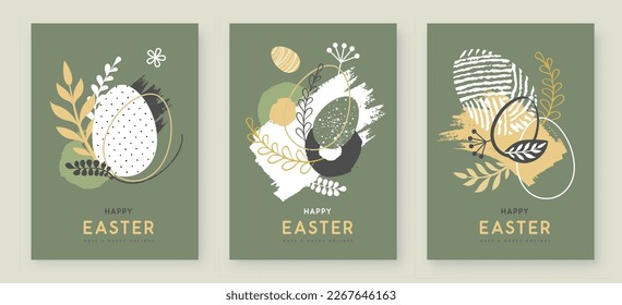 Set of Happy Easter greeting cards with Easter eggs and floral decorative elements. Flat style. Set of Modern Easter covers. Vector illustration