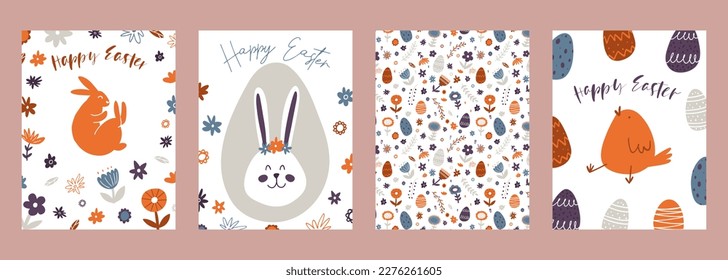 Set of Happy Easter greeting cards. Hand drawn colorful plants, bunny, chicken, eggs in modern minimalist style.