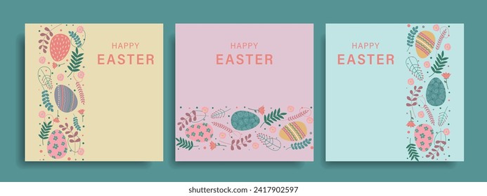 Set of Happy Easter greeting cards with Easter eggs and floral elements. Set of Easter covers. Vector.