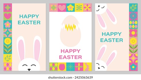 Set Happy Easter greeting cards with Groovy cute Bunny in trendy Geometric style. Vector illustration