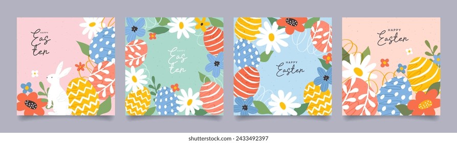 Set of Happy Easter of greeting cards, posters, holiday covers. Trendy design with spring hand drawn flowers and eggs, typography and bunny. Modern minimalist style. Template for web, social media.