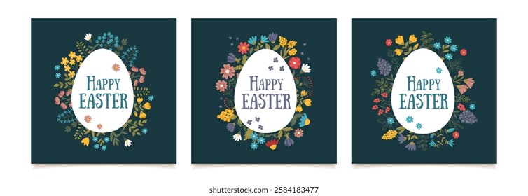 Set of Happy Easter greeting cards with shape of egg and floral decorations. Concept of holiday celebration, festive design and seasonal greeting templates. Vector hand drawn posters.