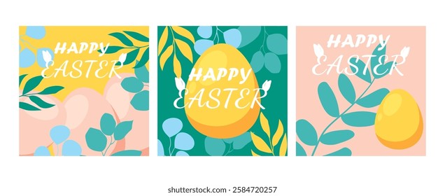 Set of Happy Easter greeting cards,  posters, holiday covers, banner, invitation, social media post, Trendy design with typography, spring hand drawn flowers, dots, eggs and bunny, Vector illustration