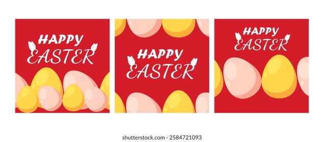 Set of Happy Easter greeting cards,  posters, holiday covers, banner, invitation, social media post, Trendy design with typography, spring hand drawn flowers, dots, eggs and bunny, Vector illustration