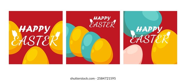 Set of Happy Easter greeting cards,  posters, holiday covers, banner, invitation, social media post, Trendy design with typography, spring hand drawn flowers, dots, eggs and bunny, Vector illustration