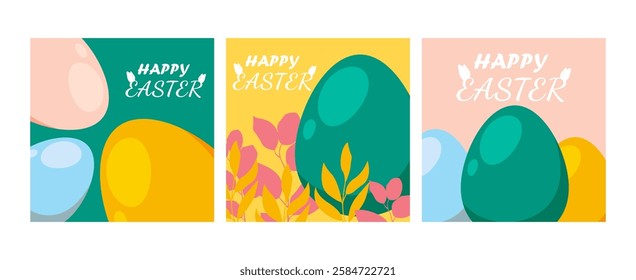 Set of Happy Easter greeting cards,  posters, holiday covers, banner, invitation, social media post, Trendy design with typography, spring hand drawn flowers, dots, eggs and bunny, Vector illustration