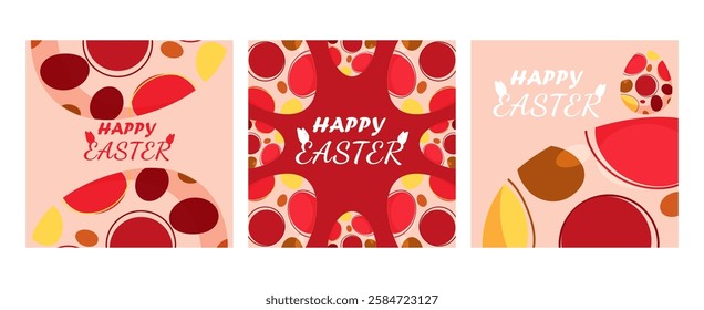 Set of Happy Easter greeting cards,  posters, holiday covers, banner, invitation, social media post, Trendy design with typography, spring hand drawn flowers, dots, eggs and bunny, Vector illustration