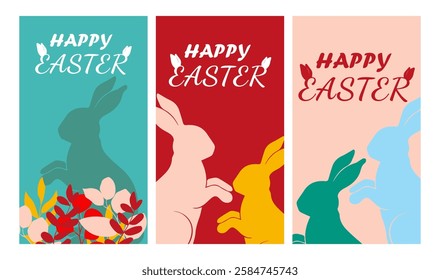 Set of Happy Easter greeting cards,  posters, holiday covers, banner, invitation, social media post, Trendy design with typography, spring hand drawn flowers, dots, eggs and bunny, Vector illustration