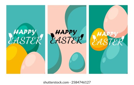 Set of Happy Easter greeting cards,  posters, holiday covers, banner, invitation, social media post, Trendy design with typography, spring hand drawn flowers, dots, eggs and bunny, Vector illustration