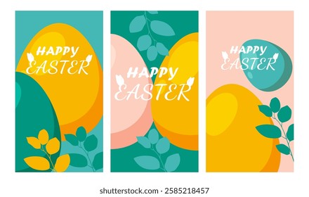 Set of Happy Easter greeting cards,  posters, holiday covers, banner, invitation, social media post, Trendy design with typography, spring hand drawn flowers, dots, eggs and bunny, Vector illustration