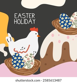 Set of Happy Easter greeting cards in modern cartoon style. Abstract Easter retro poster with Easter cake, eggs, chicken. Trendy editable vector template for poster, banner, social media post