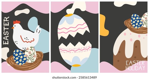 Set of Happy Easter greeting cards in modern cartoon style. Abstract Easter retro poster with Easter cake, eggs, chicken. Trendy editable vector template for poster, banner, social media post