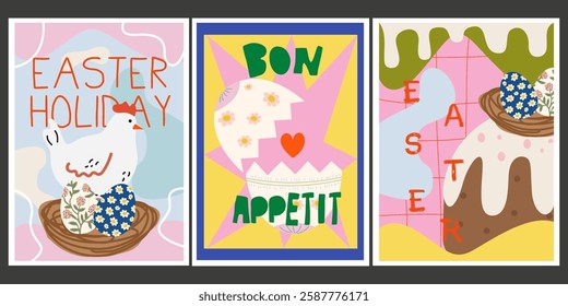 Set of Happy Easter greeting cards in modern cartoon style. Abstract Easter retro poster with Easter cake, egg, chicken with nest. Spring Christian holiday. Modern hand drawn text