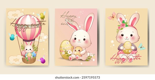 Set of Happy Easter greeting cards with cute bunnies and other festive elements.