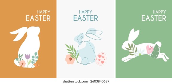 Set of Happy Easter greeting cards with Bunny, Easter eggs and floral decorative elements. Minimalist style. Set of Modern Easter covers. Vector illustration