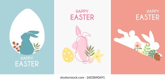 Set of Happy Easter greeting cards with Bunny, Easter eggs and floral decorative elements. Minimalist style. Set of Modern Easter covers. Vector illustration