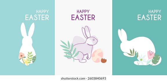 Set of Happy Easter greeting cards with Bunny, Easter eggs and floral decorative elements. Minimalist style. Set of Modern Easter covers. Vector illustration