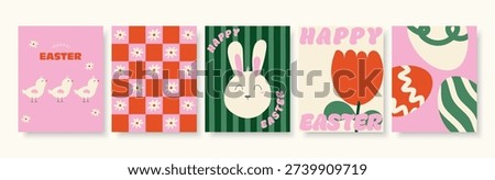 Set of Happy Easter Greeting Cards with Bunny, Tulip and Floral Patterns