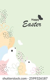 Set of Happy Easter greeting cards,posters, holiday covers with Easter eggs and floral decorative elements.design with typography, hand painted plants, dots, eggs and bunny, in pastel colors. Vector 