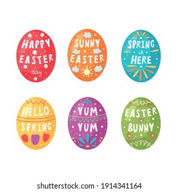 Set of Happy Easter greeting eggs with lettering. Spring Egg collection hand drawn