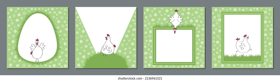 Juego de tarjetas de felicitación de Pascua Feliz con gallina linda, gallo y gallinas en un campo de flores y hierba, con espacio para copiar y marcos para tu diseño