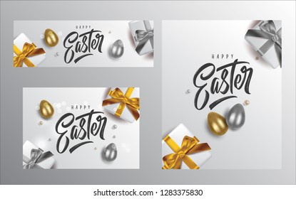 Set Happy Easter handwritten lettering with Easter eggs. Happy Easter typography vector design for greeting cards and poster. Design template celebration. Vector illustration.