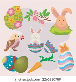 set of happy easter holiday with elements of eggs, fun rabbits, bird, flowers and carrot
