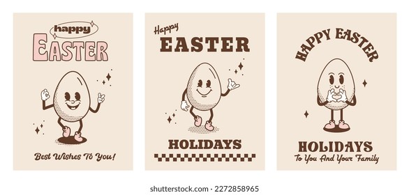 Set of Happy Easter holiday greeting card, flyer or poster in vintage hippie style. Funky retro Easter Egg cartoon characters. Quirky outline mascot comic caricature. Vector illustration.