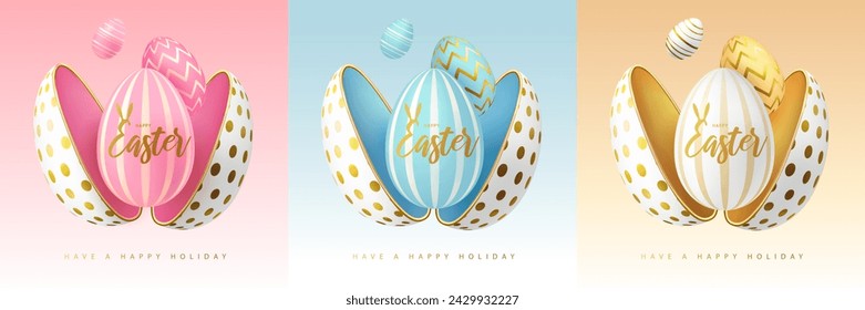 Set of Happy Easter holiday greeting cards, covers or banners with cut out egg and Easter eggs inside. Vector illustration