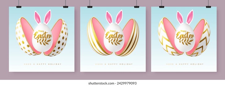 Set of Happy Easter holiday greeting cards, covers or banners with cut out egg and Easter egg inside. Vector illustration
