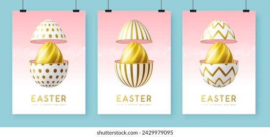 Set von Happy Easter Feiertags Grußkarten, Cover oder Banner mit offenem Ei und Osterei im Inneren. Vektorgrafik