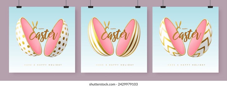 Set of Happy Easter holiday greeting cards, covers or banners with cut out egg and golden text inside. Vector illustration