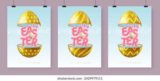 Set of Happy Easter holiday greeting cards, covers or banners with cut out egg and 3d text inside. Vector illustration