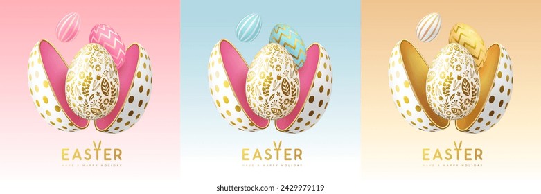 Set von Happy Easter Feiertags Grußkarten, Cover oder Banner mit ausgeschnittenem Ei und Ostereiern im Inneren. Vektorgrafik