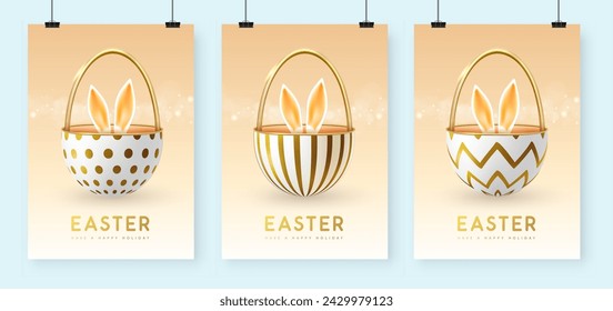 Conjunto de tarjetas de felicitación de feliz Pascua, cubiertas o pancartas con huevo abierto de oro y orejas de conejo de Pascua en el interior. Conejito en cesta. Ilustración de vector